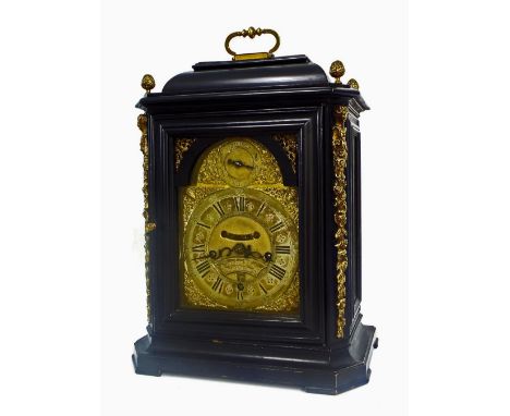 English triple fusee striking ebonised bracket clock of month duration, the movement back plate finely and profusely engraved