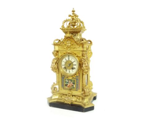 French ormolu and porcelain panelled two train mantel clock, the Japy Freres movement with outside countwheel striking on a b