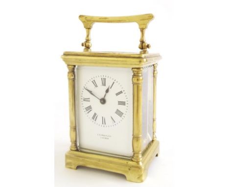 Brass carriage clock timepiece, the dial signed E.G. Routley, Croydon, within a pillared case, 6" high (key)