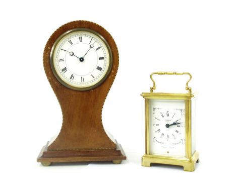 Mahogany inlaid Edwardian balloon mantel clock timepiece, 9" high; together with a Bayard carriage clock timepiece, 5.5" high