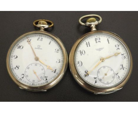 Two Omega white metal (0.800) engine turned and gold plated pocket watches (2)