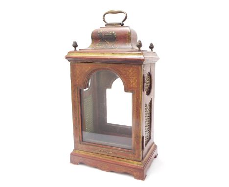 Red lacquer chinoiserie decorated bracket clock case with aperture for a 7" arched dial, surmounted by four acorn finials, ca
