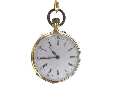 Continental 14k bar cylinder fob watch, the dial with Roman numerals, outer five minute divisions and diamond set hands, insc