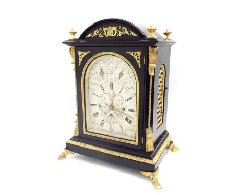 Good English ebonised triple fusee bracket clock, the 7.5" silvered rounded arched dial signed Thomas Gath, Bristol on an ang