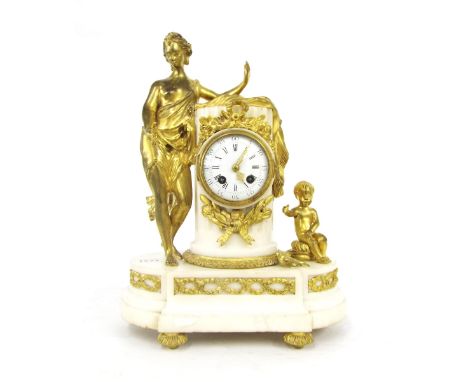 White marble and ormolu figural two train mantel clock, the 2.75" circular dial within a fluted column pedestal flanked to th