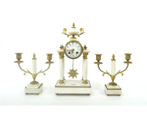 White marble portico two train mantel clock garniture, the movement with outside countwheel striking on a bell, the 3.25" cir