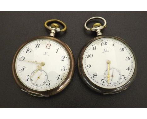 Two Omega white metal (0.800) engine turned and gold plated lever pocket watches (2)