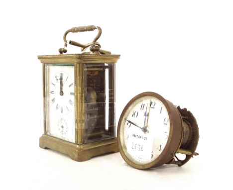 Carriage clock timepiece with alarm striking on a bell, 5.5" high; together with a small two train clock movement (2)