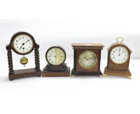 Small attractive birds eye walnut and ebonised mantel clock timepiece, the 3.5" engine turned silvered dial signed Walker & H