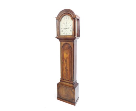 Mahogany eight day longcase clock, the 12" painted arched dial with subsidiary seconds and calendar dials to the centre and s