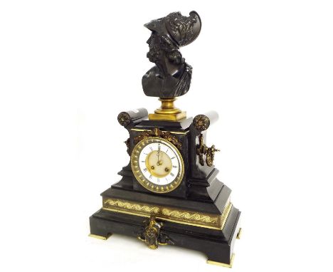 Impressive black marble two train mantel clock striking on a bell, the 4" chapter ring enclosing a recessed gilt centre, with