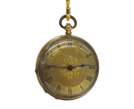 18k cylinder fob watch, unsigned bar movement, the gilt dial with Roman numeral chapter enclosing an engine turned and foliat