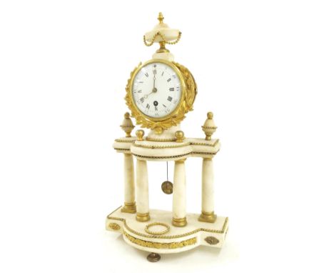 French ormolu and white marble drumhead mantel clock timepiece, the 4" white dial within a drumhead casing supported upon a t