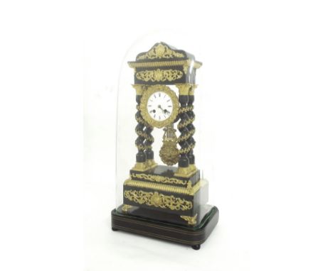 French ebonised and gilt metal mounted portico two train mantel clock, the S. Marti movement with outside countwheel striking