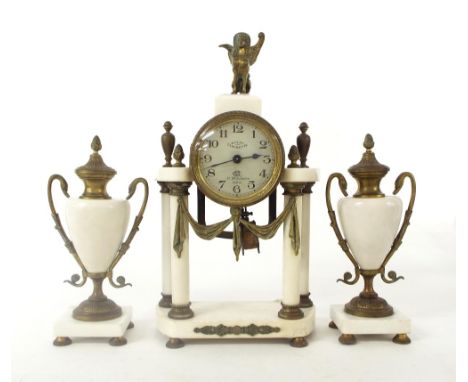 Bulle Clockette white marble and brass mounted electric clock garniture, the 3.5" silvered dial within a portico style case s