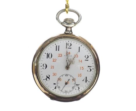 Omega white metal (0.800) lever pocket watch, movement no. 5654064, the dial with Arabic numerals, inner red twenty-four hour