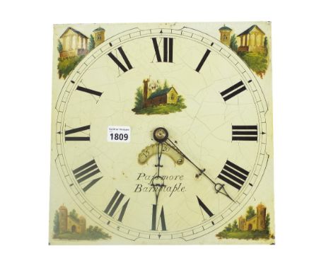 Thirty hour longcase clock movement, the 12" square painted dial signed Passmore, Barnstaple, with calendar aperture (weight 