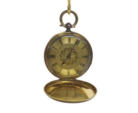 18k cylinder hunter fob watch, gilt frosted bar movement, gilt foliate dial with Roman numerals in an engine turned case, cas