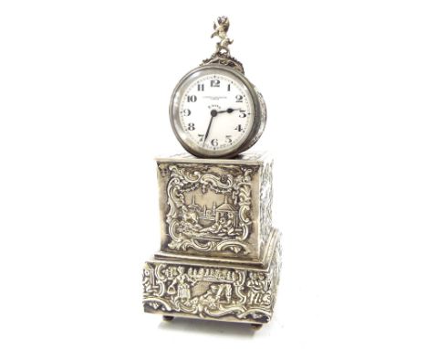 Continental hallmarked silver boudoir drumhead eight day small mantel clock timepiece, the 1.75" white dial inscribed S. Smit