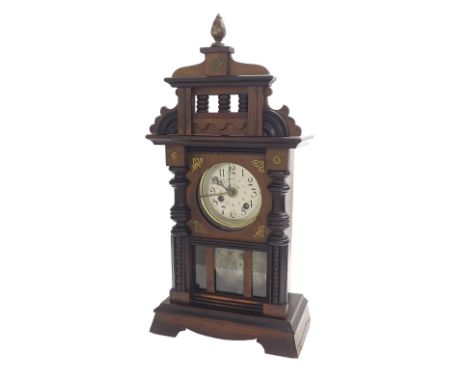 Interesting Viennese walnut Polyphon alarm clock, the 4.25" silvered dial with central alarm dial above a 5" musical disc wit