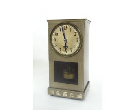 Torsion mantel clock (model 289), the 4.25" silvered dial within a planished square case over a pendulum window and disc pend