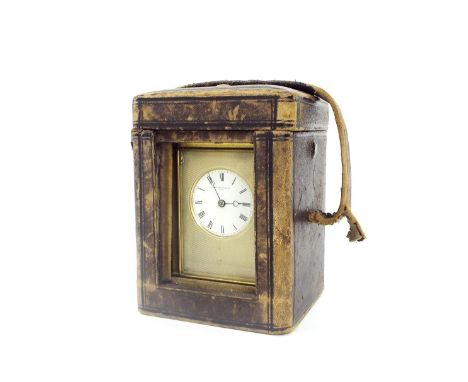 Repeater carriage clock striking on a bell, the 1.75" dial signed Thomas Reynoldson, Hull within a silvered engine turned mas
