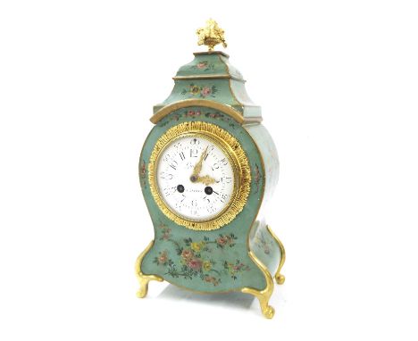 French Vernis Martin two train mantel clock, the Chartres Marcus movement striking on a bell, the 4" white dial signed Gudin 