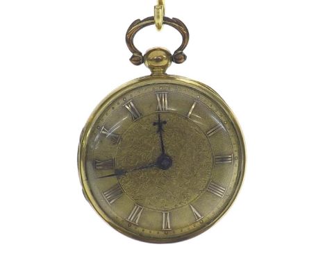 19th century gilt metal verge pocket watch, unsigned fusee movement with flat steel balance and regulator, no. 21388, gilt en