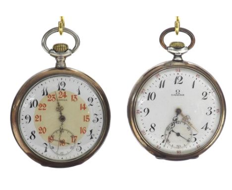 Two Omega white metal (0.800) engine turned and gold plated lever pocket watches (2)