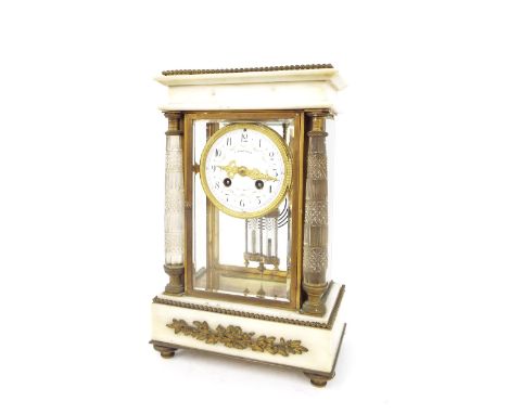 White marble four glass two train mantel clock striking on a gong, the 3.5" circular dial signed C. Fortmann, La Haye-Amsterd
