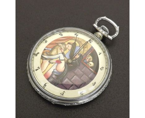 Novelty chrome erotic automaton pocket watch, lever movement, the dial with Arabic outer chapter enclosing an erotic scene, 4