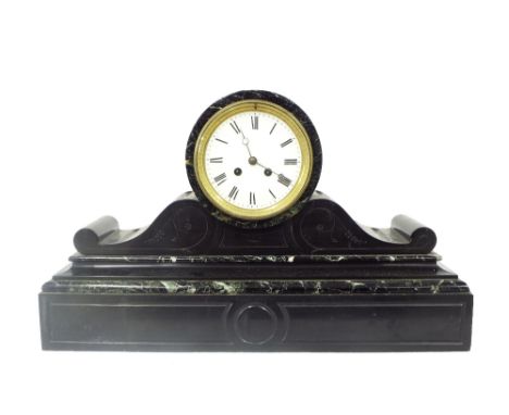 French black slate and green marble drumhead two train mantel clock striking on a bell, the 4.5" white dial within a scrollin