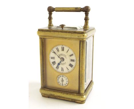 Rare miniature French repeating carriage clock with alarm and striking on a gong, the 1.25" white dial signed L. Leroy & Cie,