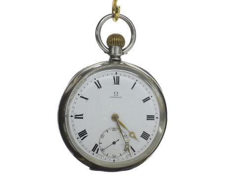 Omega silver lever pocket watch, import hallmarks for London 1915, movement no. 4724997, signed dial with Roman numerals, sub