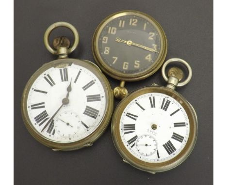 Two nickel cased Goliath pocket watches and an eight day travel clock (at fault) (3) 