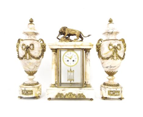 White and pink veined marble four glass two train mantel clock garniture, the movement with outside countwheel striking on a 