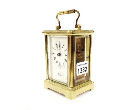Contemporary carriage clock timepiece, signed Worcester to the dial within a corniche brass case, 5.5" high