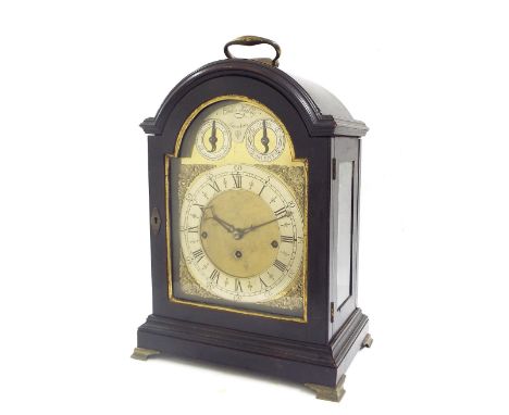 Good English ebonised triple fusee musical bracket clock, the six pillar movement with pull repeat playing on a nest of eight