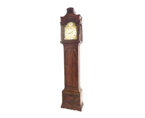 Good mahogany eight day longcase clock with quality five pillar movement, the 12" brass arched dial signed Francis Perigal, B