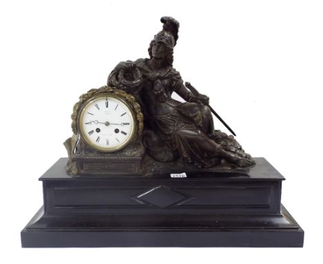 French black slate and bronzed figural two train drumhead mantel clock, the movement with outside countwheel striking on a be