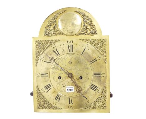 Eight day longcase clock movement, the 12" brass arched dial signed Killingworth, Cambridge to the foliate engraved centre wi