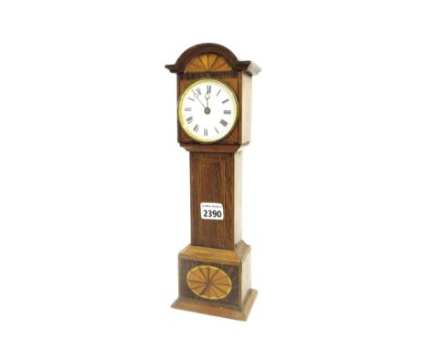 Miniature inlaid oak longcase clock timepiece, 13.5" high