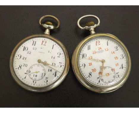 Two Omega white metal engine turned and gold plated lever pocket watches (2)