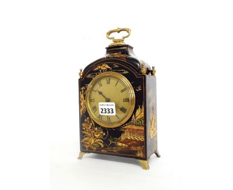 Chinoiserie decorated eight day mantel clock timepiece, the movement with platform escapement, the 3.5" convex gilt dial with