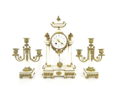 White marble and gilt metal portico type two train mantel clock garniture, the movement with outside countwheel striking on a