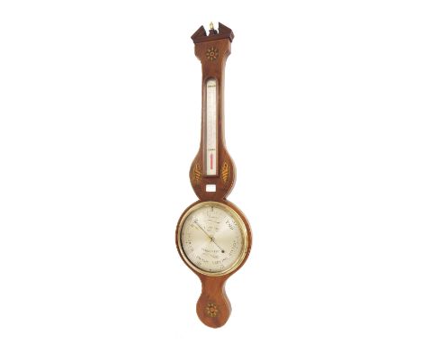 Mahogany inlaid banjo barometer/thermometer, the 8" silvered dial signed I.B. Porry, within a shaped case inlaid with conches