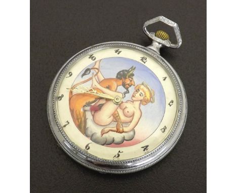 Novelty chrome erotic automaton pocket watch, lever movement, the dial with outer Arabic chapter enclosing an erotic scene, 4