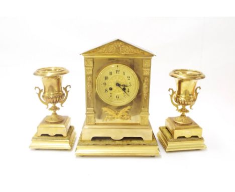 French ormolu two train mantel clock garniture, the Vincenti movement striking on a gong, the 3.75" concave dial signed Sewil