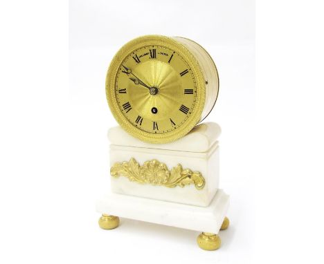 English ormolu and white marble single fusee drumhead mantel clock, the movement back plate and 3.5" gilt dial spuriously sig
