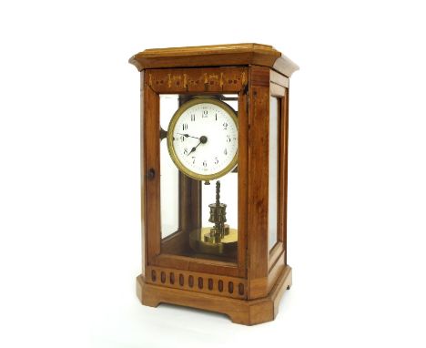 Good inlaid cherry wood four glass torsion mantel clock (model 264), the 3.75" white dial over a disc pendulum, within a beve